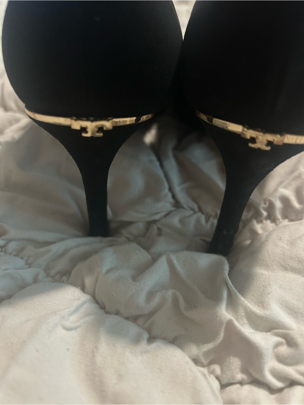 Tory Burch Black Suede High Heels with Gold Logo Accent